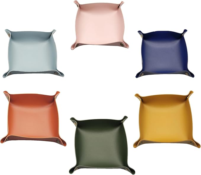 6 Pcs PU Leather Jewelry Valet Tray for Women and Men, Portable Entryway Table and Bedside Nightstand Desk Catchall Travel Dish Plate for Key,Wallet, Watch,Coin,Sun Glasses,USB Cables etc.
