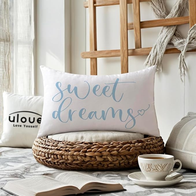 Bedding Decorative Lumbar Pillowcases Sweet Dreams Good Night Cushion Covers Sleep Themed Throw Pillow Covers 12''x20'',2Pack Super Soft for Bedroom Guest Room Housewarming Gifts (Light Blue)