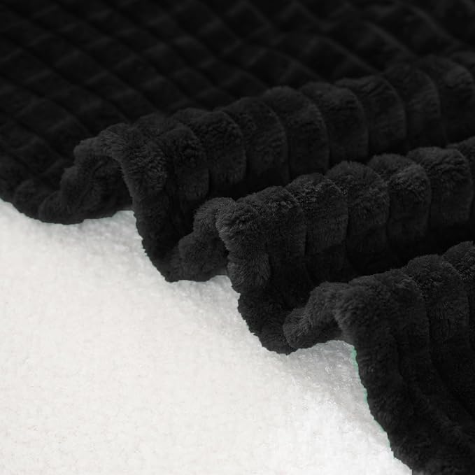 Puncuntex Flannel Fleece Throw Blanket Black 50"×60",Super Soft Plush Cozy Blanket with Square Grid Design Luxury for Couch Sofa Chair