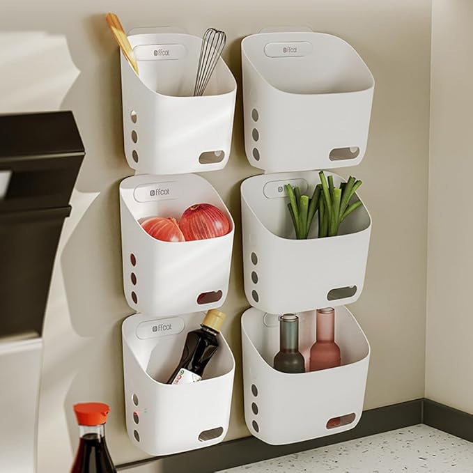 LeleCAT Plastic Hanging Basket Kitchen Storage organizer, Basket with Detachable hook, Hang it behind a door or on a railing, Over the Cabinet Door (Light White, Large) 2pack