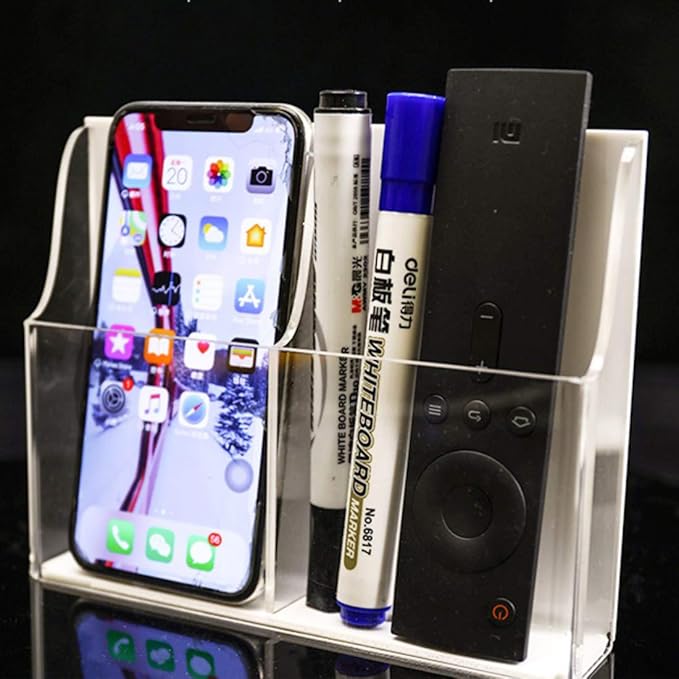 Acrylic Cell Phone Storage Holder Wall Mount TV Remote Control Media Storage Box Organizer (White Back, 2 Solts)