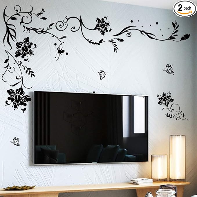 Supzone Flowers & Butterflies Wall Decals - DIY Black & Floral Wall Stickers for Bedrooms & Living Rooms