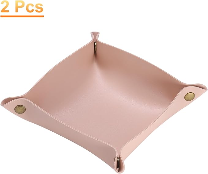 HARFINGTON 2pcs PU Leather Valet Tray Unisex Folding Small Catchall Tray Portable Entryway Table Tray Nightstand Bedside Desk Tray for Key Wallet Watch Coin Jewelry Dice, Pink
