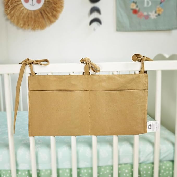 Baby Bedside Hanging Storage Bag - 2-Pocket Bedside Storage with High Capacity for Diapers & Essentials, Space-Saving Hanging Nursery Organizer 5 Colors Available (Khaki)