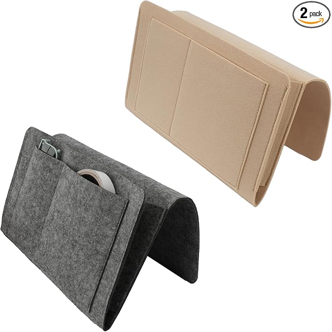 2Pcs Bedside Pocket Storage Holder, Felt Hanging Bed Caddy Organiser Bag, Sofa Bunk Beds Organizer for Mobile Phone, iPad, Remote Control, Books, Glasses, Magazine (Gray and Beige)