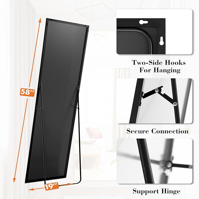 OLIXIS Full Length Mirror 59"x16.5" for Bedroom, Full Body Mirror with Stand, Hanging or Leaning for Wall, Aluminum Alloy Thin Frame Floor Standing for Living Room, Long, Black