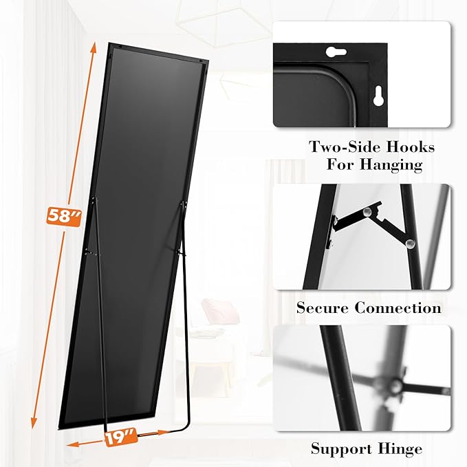 DUMOS Full Length Mirror 59"x16" Full Body Floor Mirror for Bedroom or Cloakroom, Can Stand Alone, Hang or Lean Against Wall, Tall Wall Mirror with Stand, Black