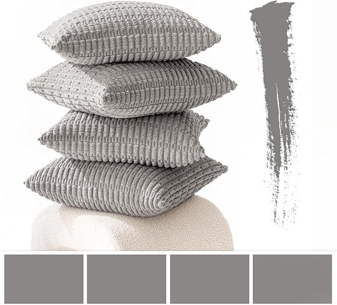 MIULEE Pack of 4 Light Grey Corduroy Decorative Throw Pillow Covers 20x20 Inch Soft Boho Striped Pillow Covers Modern Farmhouse Home Decor for Sofa Living Room Couch Bed