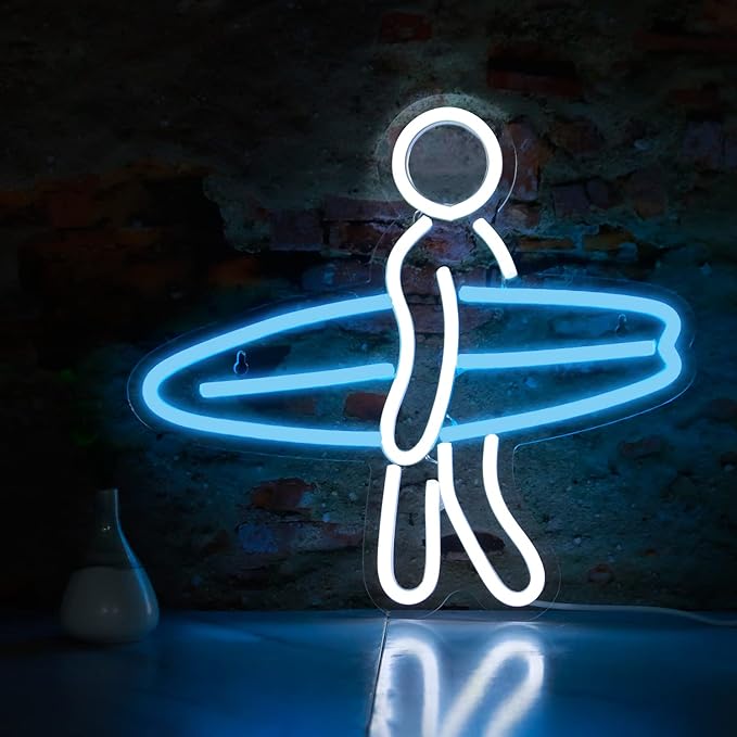 Surfer Neon Sign for Bedroom Wall Decor USB Powered, Surfboard Decor Dimmable Surfer Light Anime Neon Sign for Kids Room Wall Art Birthday Gift 13 * 12 Inches Ice Blue