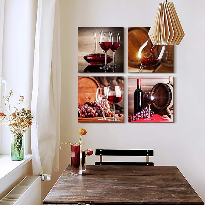 Kitchen Wall Art for dining room Wall Decor Still life wine Fruit goblet Canvas Prints Artwork Wine barrel bar watercolor painting family wall decorations restaurant bedroom Decor 4 piece set