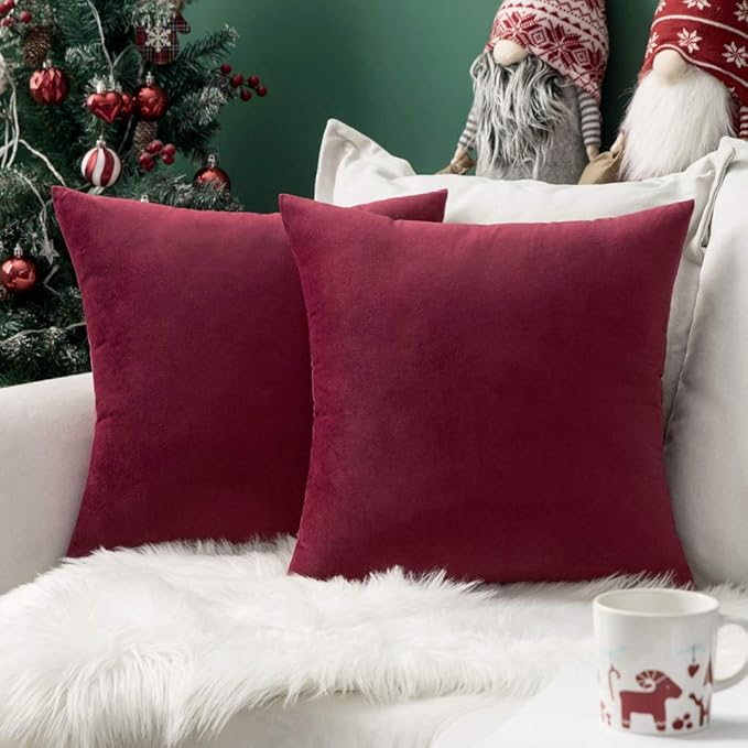 MIULEE Pack of 2 Velvet Soft Solid Decorative Square Throw Pillow Covers Cushion Case for Sofa Couch Bedroom Car 16x16 Inch Wine Red