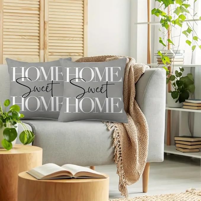 2pcs Modern Home Sweet Home Throw Pillow Cover, Decorative Gray Cushion Case with Typography Design, Square，18x18 Pillows Linen Pillowcase