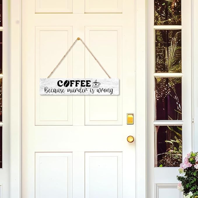 AGMDESIGN Coffee Because Murder is Wrong Wood Sign, Humor Kitchen Decor for Coffee Lovers, Cafe Decor for Home Shop Break Room Office, Wood Hanging Plaque for Shelf Desk Wall, Sarcastic Barista Gifts