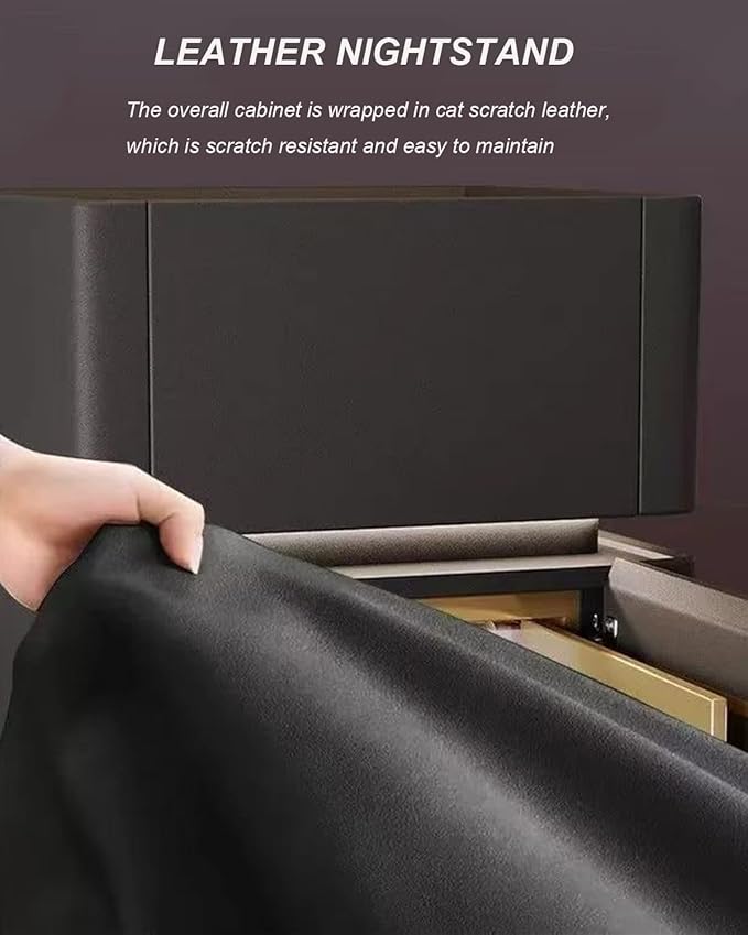 Smart Nightstand with Lock, Leather Bedside Table with Hidden Safe Built, Wood Drawer, USB and Wireless Charging, 3 Color LED, No Assembly Required (Black, 15.7in)