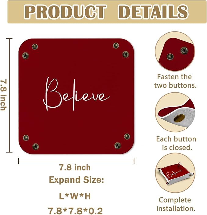 Believe Gifts for Women Tray Decor, Employee Appreciation Day Red PU Leather Catchall Beside Caddy Nightstand Organizer Tray for Jewelry Rings Watches Keys and Accessories, 7.87x7.87in
