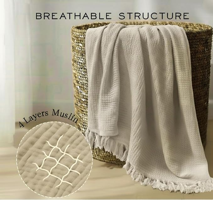 KyraHome 100% Organic Cotton 90"x104" King Size Muslin Blankets for Adults, Kids, Pre-Washed Plant Dyed, Breathable Cozy Gauze Bed Blanket, All Season (Oatmeal Khaki)
