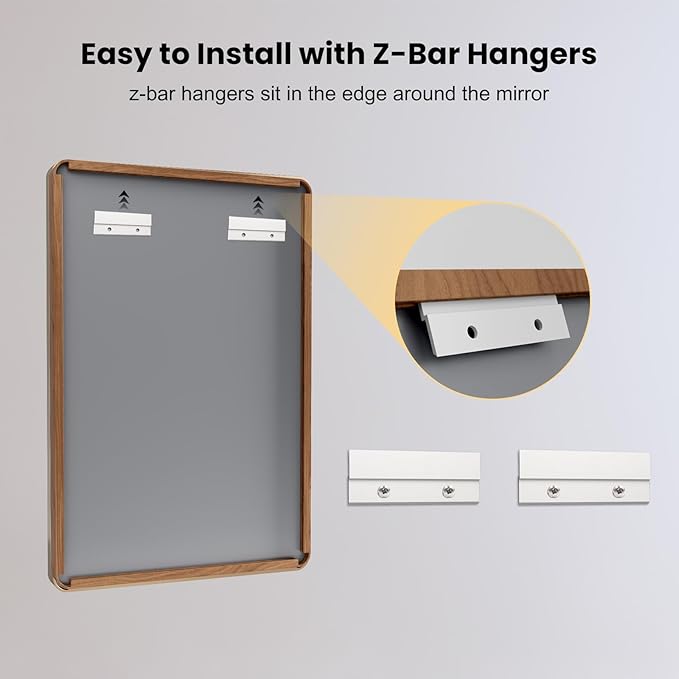 LOAAO 40X24 Inch Bathroom Mirror with Wood Grain Colored Metal Frame, Rounded Rectangle Metal Framed Bathroom Mirror, Anti-Rust, Hangs Horizontally or Vertically