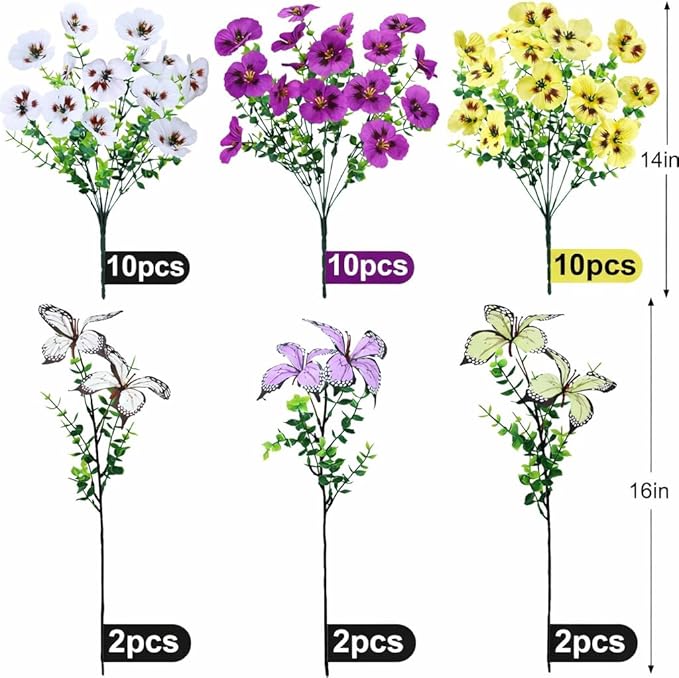 Artificial Flowers for Outdoor, 36 Bundles UV Resistant Faux Silk Pansy Flowers with Butterfly Accents, Realistic Fake Plants for Planters, Window Boxes & Grave Decor, 30 Bundles + 6 Butterflies