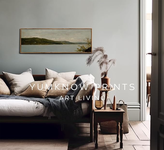 Framed Canvas Wall Art for Bedroom - Long Horizontal 13.5x40" Above the Bed - Vintage Farmhouse French Country - Lake Mountain Muted Moody Landscape - Cottagecore Aesthetic Master Guest Room Decor