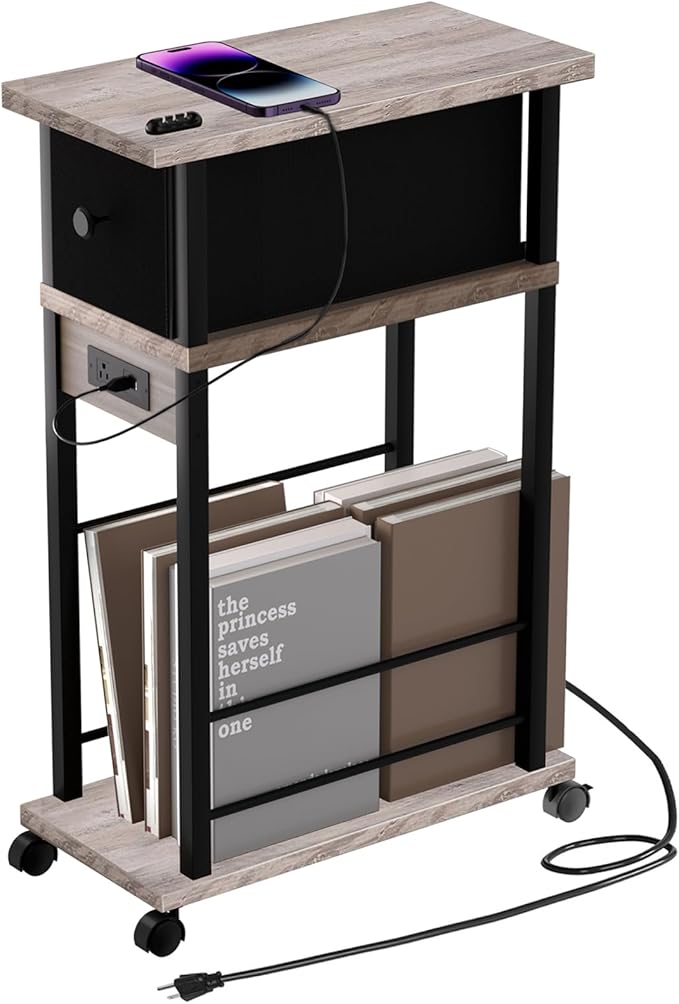 Narrow Side Table (1PC) - Grey & Black Two-Tone End Table with Charging Station Drawer & 4 Wheels, Personalized Mobile Storage Nightstand for Bedroom Living Room (1 AC + 2 USB Ports)