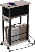 Narrow Side Table (1PC) - Grey & Black Two-Tone End Table with Charging Station Drawer & 4 Wheels, Personalized Mobile Storage Nightstand for Bedroom Living Room (1 AC + 2 USB Ports)