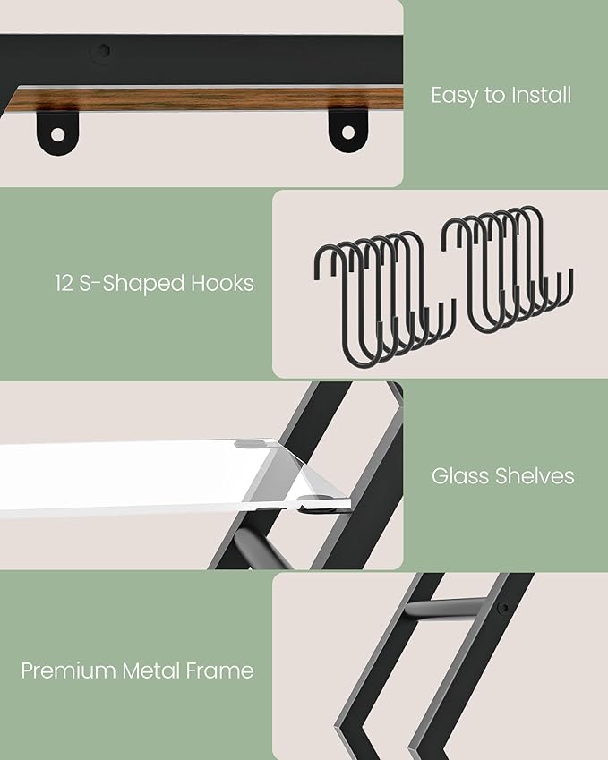 Hexagon Floating Shelves Set of 2, 18.9" Glass Hanging Shelves for Wall Decor, Wall Storage Rack and 12 S-Hooks, for Living Room, Bedroom, Office, Game Center, Rustic Brown TBJ08BF