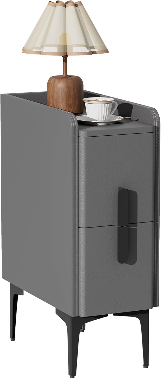 VICITON Narrow Nightstand with 2 Drawers, Narrow Side Table Leather Surface, Slim Bedside Table for Bedrooms, Dormitories, Living Rooms (Light Gray, 15.7" D x 7.8" W x 22.4" H)