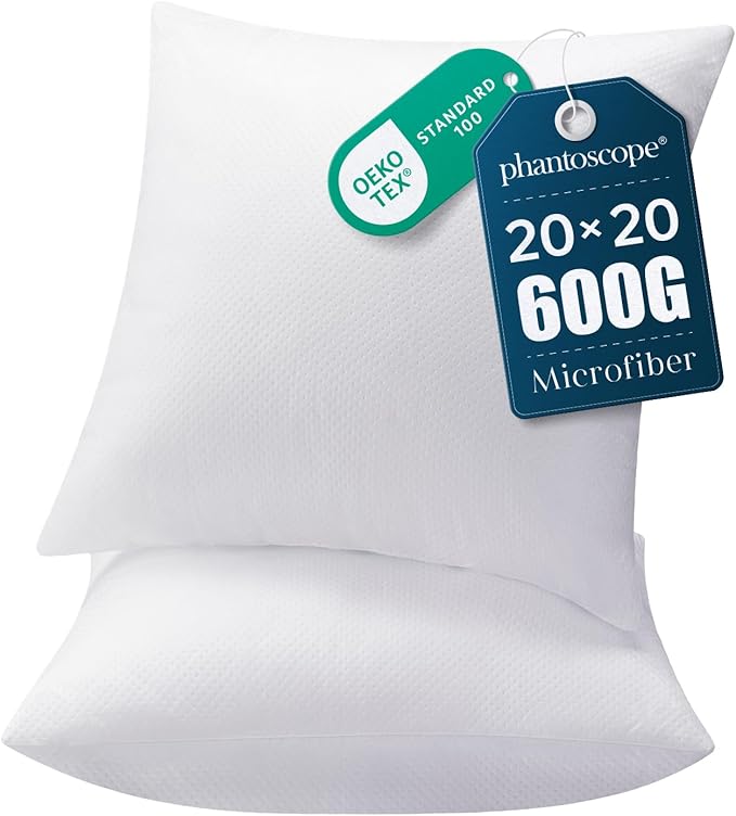 Phantoscope Pillow Inserts, 100% Virgin Fiber Hypoallergenic Polyester Throw Pillow Inserts, Square Pillows for Couch, Sofa, Bed, 20x20 Inch (Pack of 2)