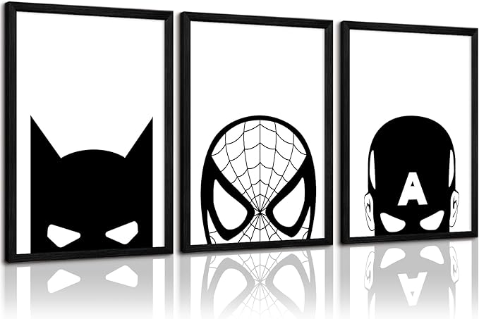 Superhero Spiderman Canvas Wall Art Black And White Wall Art Superhero Posters Spiderman Pictures Painting Wall Decor Superhero Poster for Living Room Bedroom 12x16 Inch Black Framed Set of 3