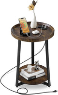 VEVOR Round Side Table with Charging Station, 15.7" Metal Round End Table with Storage Shelves, 4.9ft Power Cord, Modern Nightstand for Bedroom, Living Room, Office – Brown