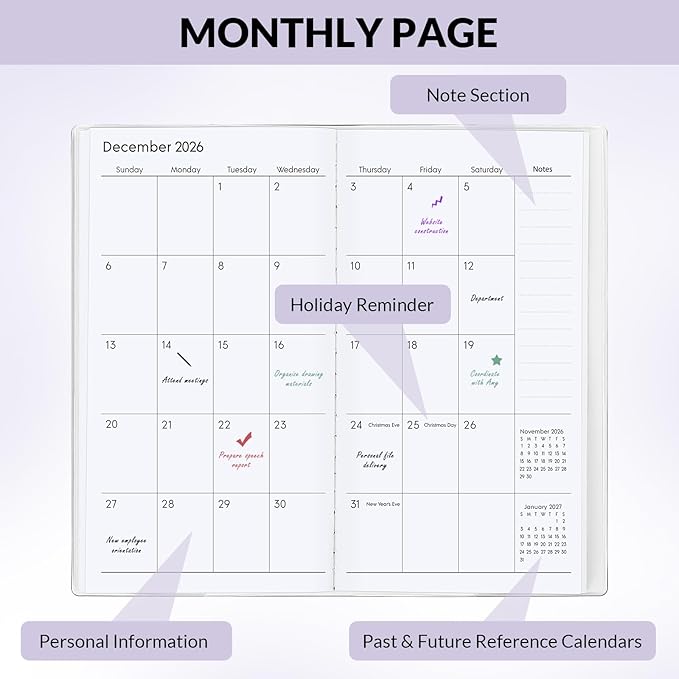 Pocket Calendar 2026-2027, Pocket Planner 2026-3.7" x 6.7" - Runs from January 2026 Until December 2027, Monthly Planner 2026-2027 with PVC Cover for Planning, Purple