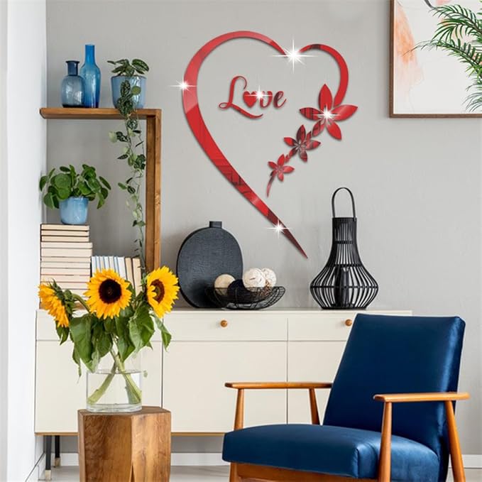 Heart Shape Mirror Wall Sticker, Self-Adhesive Love Heart Acrylic Mirror Wall Stickers Art Mural, DIY Walls Art Home Decor Heart Mirror Wall Decals for Living Room Bedroom Bathroom Office (Red)
