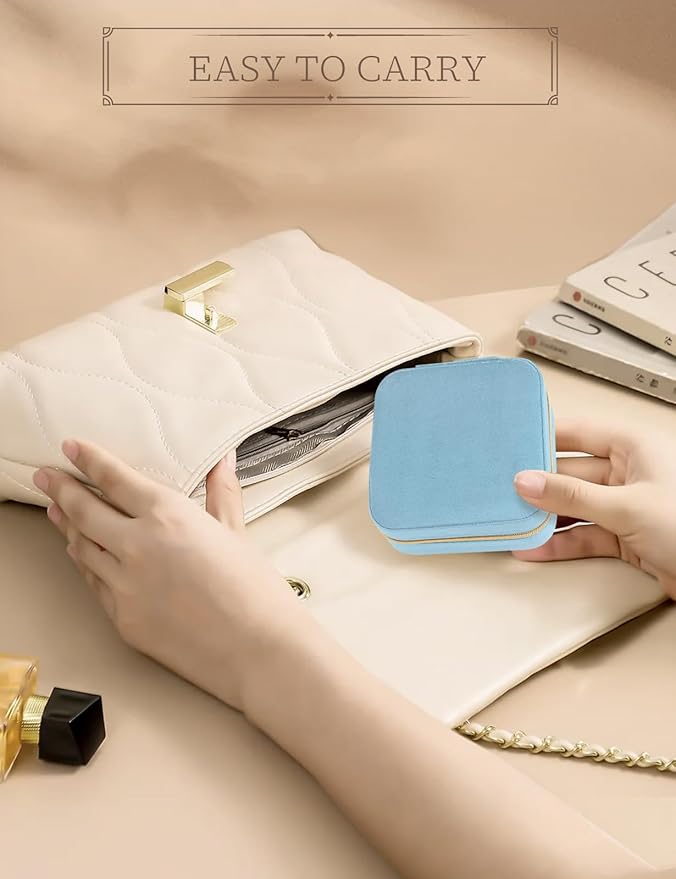 Plush Velvet Travel Jewelry Case Small Jewelry Box Jewelry Organizer Storage Case Portable Jewelry Travel Case for Girls Womens Earring, Necklace, Rings,Bracelets with Mirror