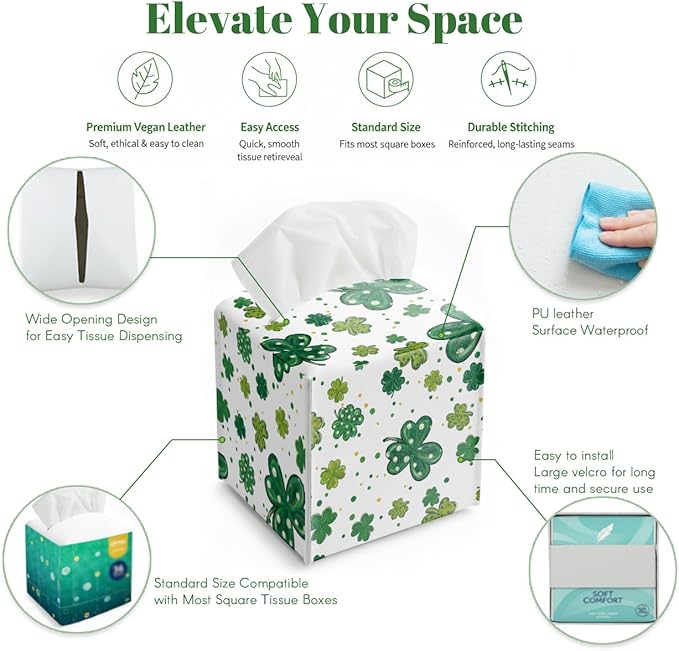 St.Patrick's Day Napkin Tissue Box Cover, Watercolor Shamrock Waterproof Leather Paper Organizer Dispenser for Table Dining, Bathroom, Nightstand Vanity, Car, Housewarming Gift Ideas, E