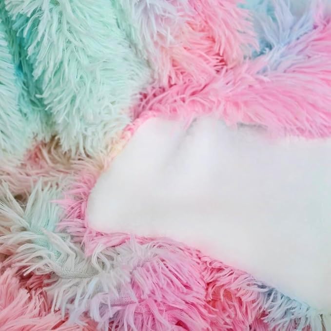 MYRU Plush Super Soft Blanket, Colorful Bedding Sofa Cover, Furry Fuzzy Faux Fur Throw, Cozy Tie Dye Shaggy Couch Blanket (51"x63", Rainbow)