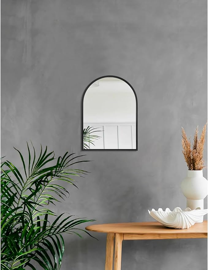 Black Arched Wall Mirror Aluminum Alloy Frame Bathroom Mirror Brushed Metal Vanity Wall Mounted Mirror for LivingRoom Bedroom Entryway Room Home Decor 16"x12"