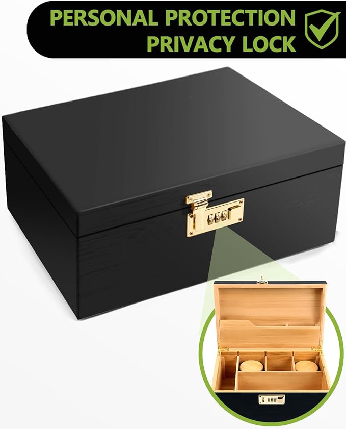 OZCHIN Large Bamboo Box with Combination Lock Decorative box for Home Great Gift Choice Storage Lockbox with Storage Jar, Gifts for Men Women (Black, 12 x 7.6 x 5.1)