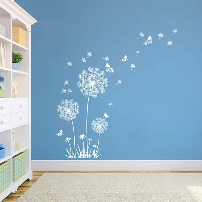 Runtoo White Dandelion Art Stickers - Large Flower Butterfly Wall Decals for Bedroom and Living Room Decor