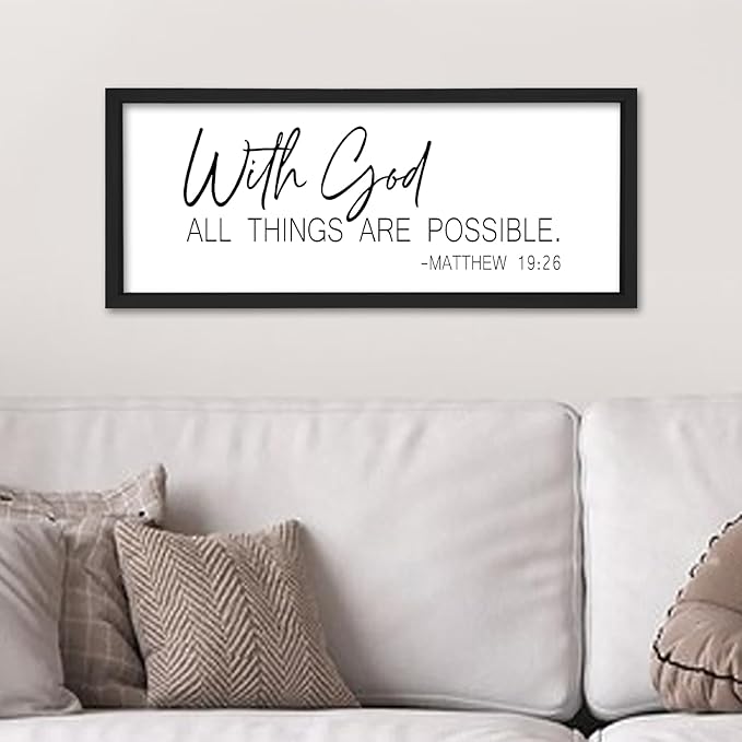 flowtorely With God All Things Are Possible Wall Decor Scripture 24"×10" Matthew 19:26 Bible Verse sign Christian Large Wood Framed Wall Hanging (Black)