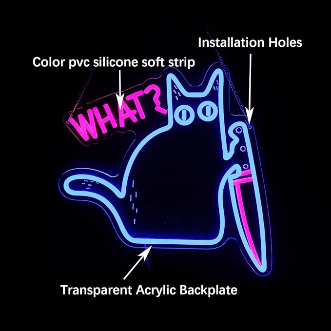 Cat What Neon Sign,Cat Room Decor Sign, Funny Black Cat Murderous Cat With Knife Night Light, For Bedroom Living Room Door Bathroom College Dorm Decor Birthday Christmas Gift
