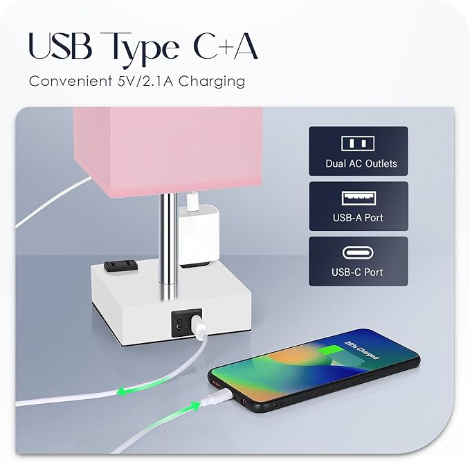 Bedside Lamp with USB Ports - Touch Control Table Lamp for Bedroom with USB C+A Charging Ports & AC Outlets, 3 Way Dimmable Nightstand Light with White Base for Living Room (LED Bulb Included, Pink)