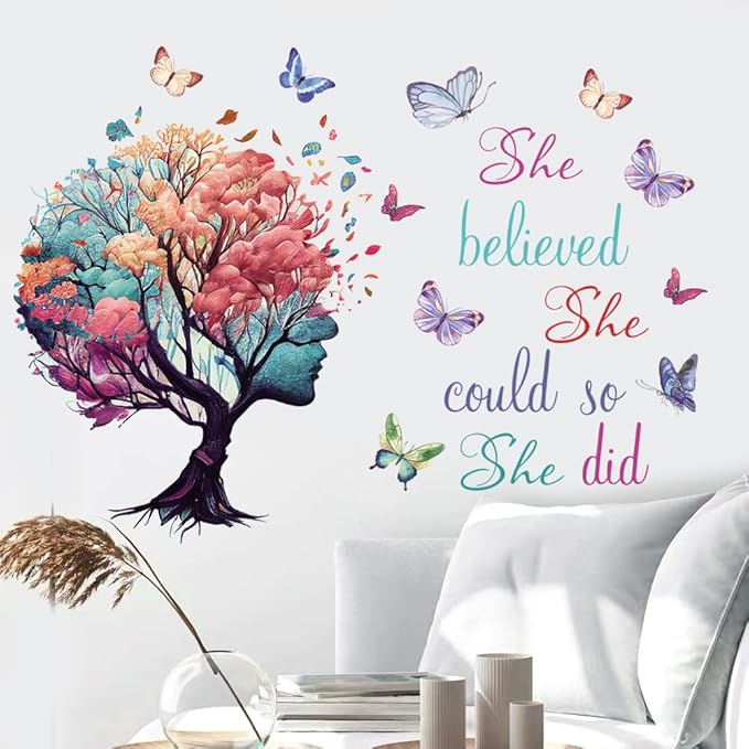 Inspirational Quotes Wall Art - 'She Believed She Could So She Did' Tree & Butterfly Decal Stickers for Women & Girls Bedroom & Living Room Decor