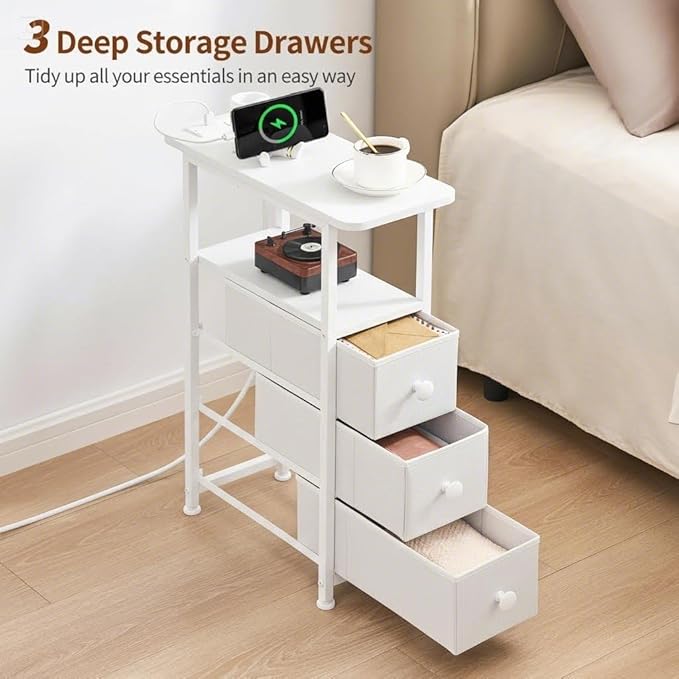 Narrow End Table with Charging Station, Narrow Side Table with Drawer, Small Nightstand with LED Light, Skinny Nightstand, Small Bedside Table for Living Room, Bedroom, Couch, White