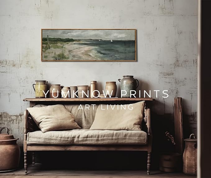 Framed Canvas Wall Art for Bedroom - Long Horizontal 13.5x40" Above the Bed - Vintage Farmhouse French Country - Muted Abstract Coastal Ocean Boat Moody Seascape - Cottagecore Master Guest Room Decor
