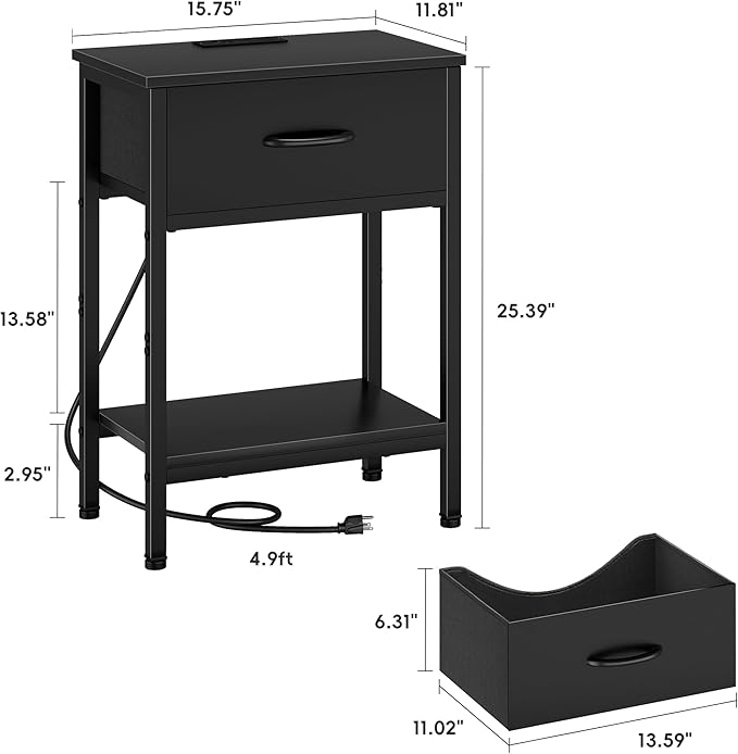 Vagusicc Black Nightstand with Charging Station, End Table with Fabric Drawer, Small Side Table with 2-Tier Storage Shelves, 25.4" Tall Bedside Table, Black Night Stand for Bedroom, Living Room, Dorm