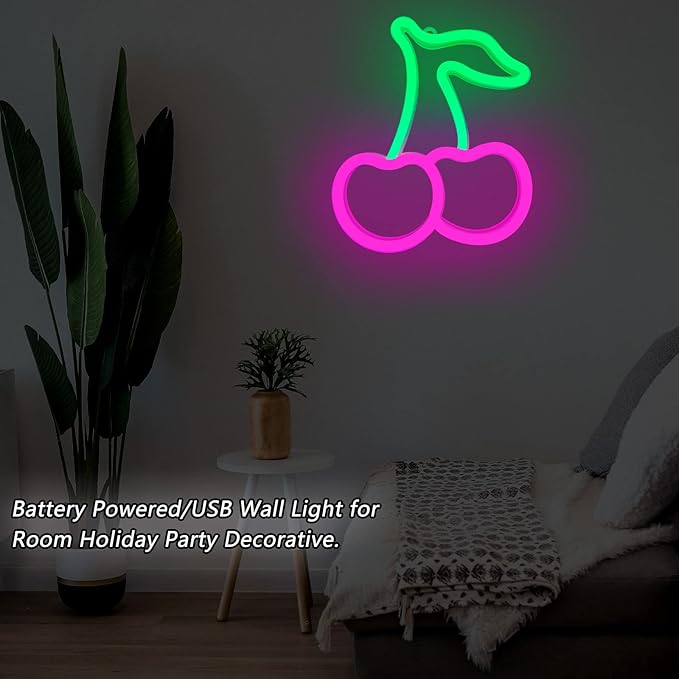 Cherry Neon Sign,Pink Green Cherries Neon Lights Cherry Neon Signs for Wall Decor,Cute Fruits LED Signs for Kids Room Restaurant Bar Fruit Shop Home