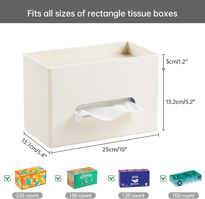 Plus Size Tissue Box Cover Rectangle, PU Leather Tissue Box Holder with Storage Tray, Decorative Organizer Tissue Holder for Bathroom, Bedroom Dresser, Night Stand, Office (Beige)