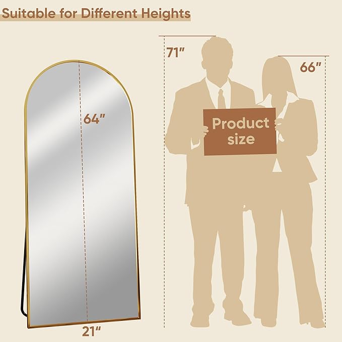 64"x21" Full Length Mirror, Arched Full Body Mirror, Standing Hanging or Leaning Floor Mirror for Bedroom and Living Room, Gold