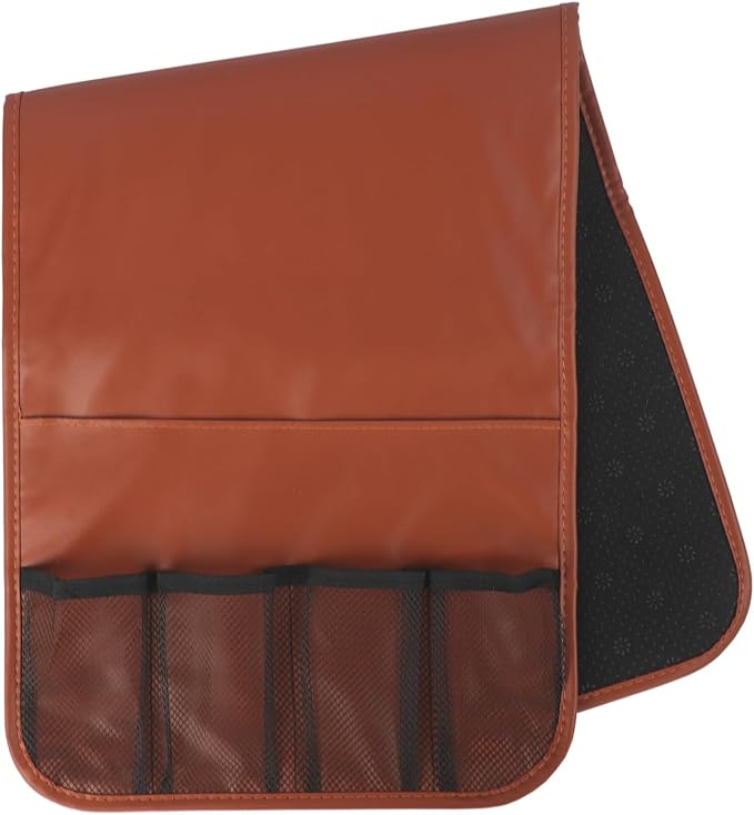 Sofa Armrest Organiser Non Slip Leather Couch Armrest Caddy Bedside Hanging Pouch Sofa Arm Tray Organizer with 5 Pockets for TV Remote Holder Magazines iPad Phone (Brown, one size)