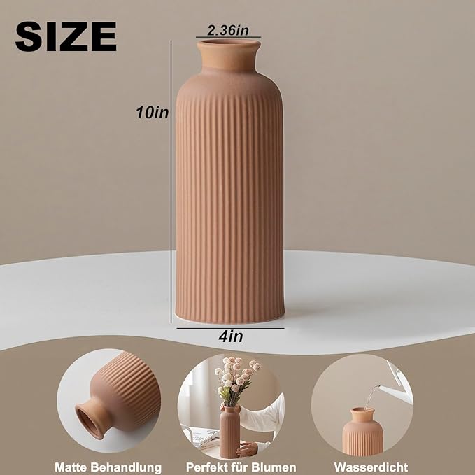 Coffee Ribbed Ceramic Vase for Flowers, Large Modern Textured Decorative Vase, 10 Inch Tall, Farmhouse Style Home Decor (Coffee)